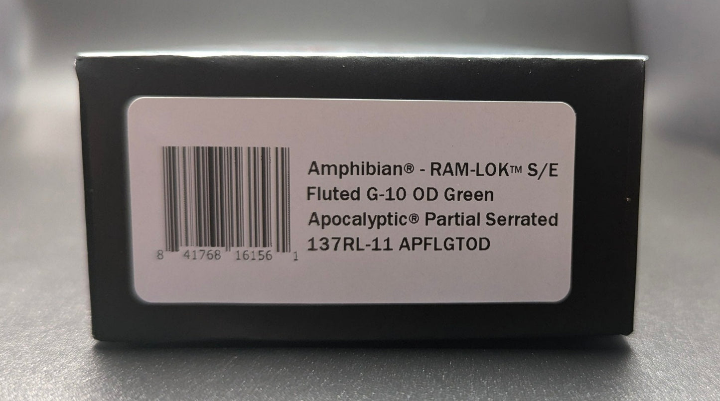 Amphibian RAM-LOK S/E Fluted G-10 Green Apocalyptic Partial Serrated 137RL-11 APFLGTOD Box