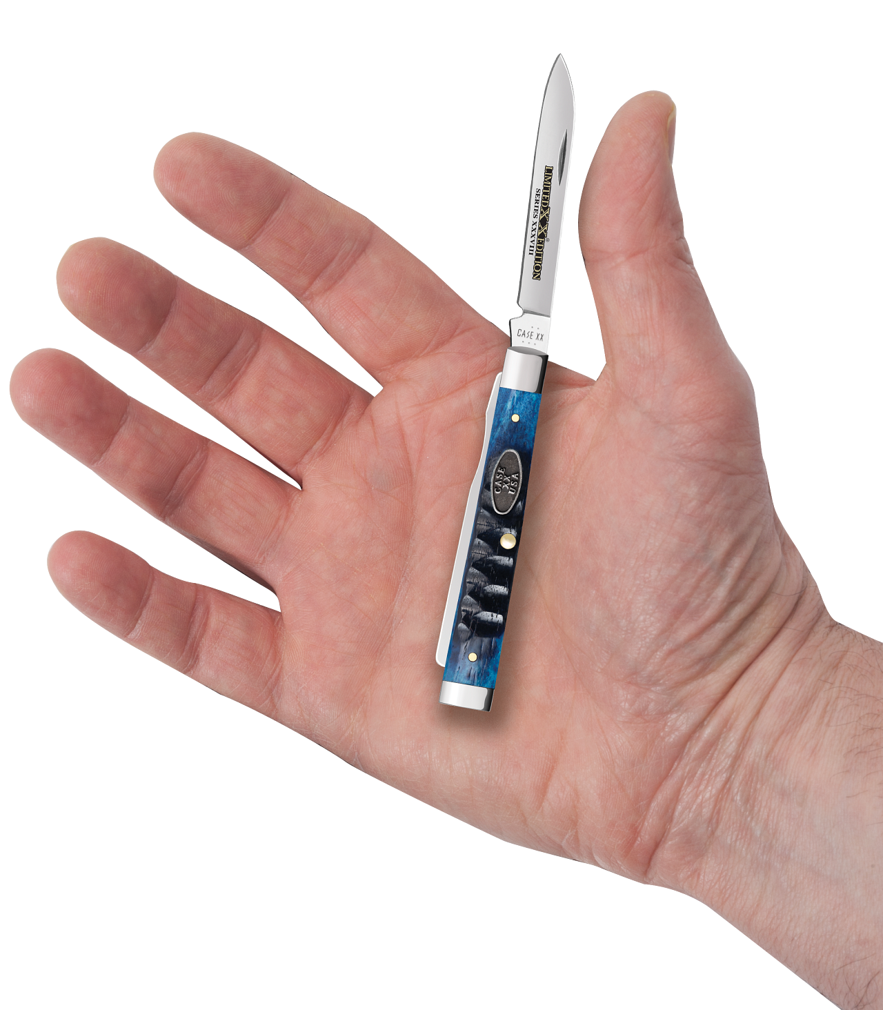 Case Baby Doc Limited XX Edition XXXVIII Gator Jig Ocean Blue Bone Model # 53986 Pattern (6282SP SS) Hand for size Comparison 