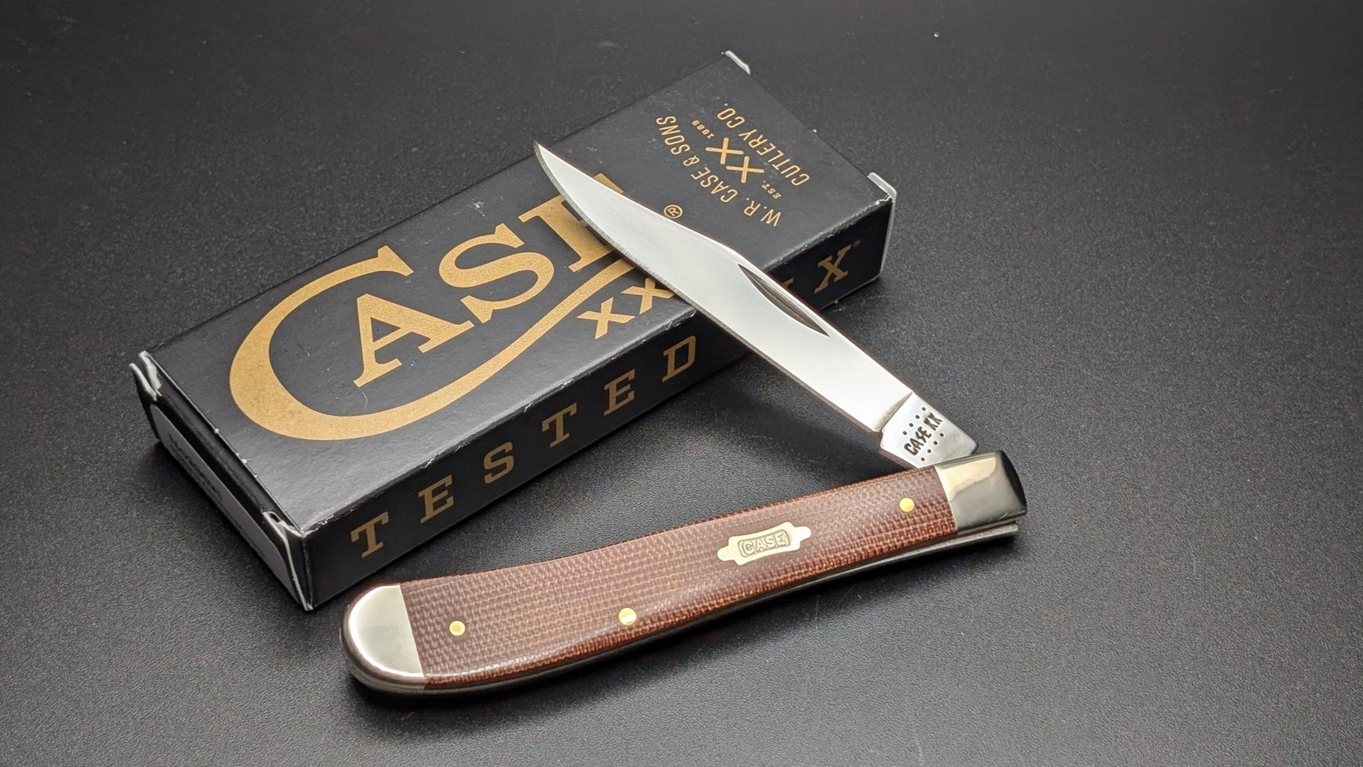 Open Front Case Slimline Trapper Natural Canvas Micarta Smooth Model #23691 Pattern (101046 SS)
