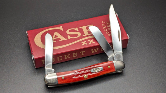 Case Pocket Worn Old Red Bone Corn Cob Jig Medium Stockman Model #00786 Pattern (6318 SS) Open Front on Gray Surface with Box