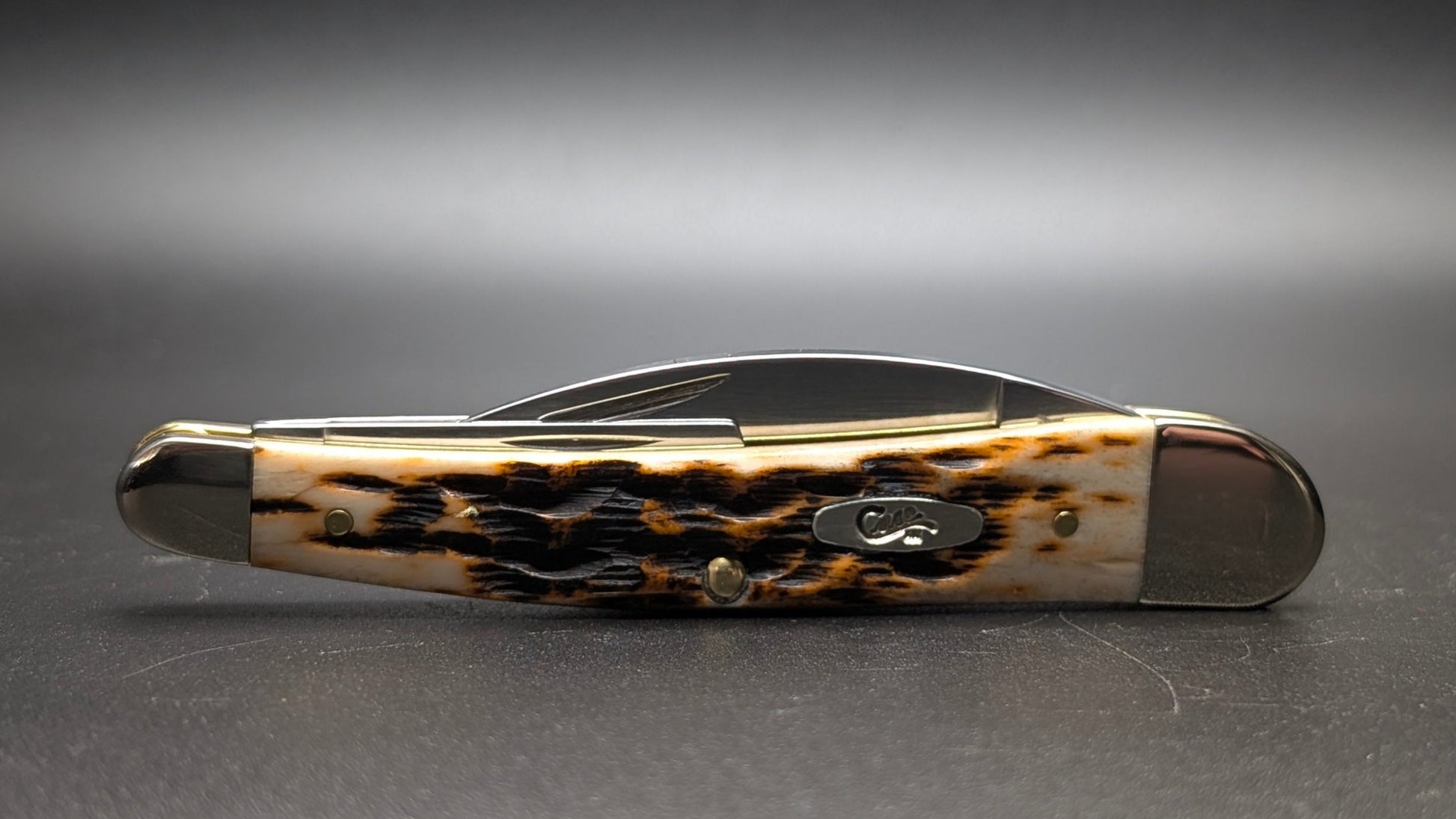 Folding knife with Amber Bone handle on a gray background