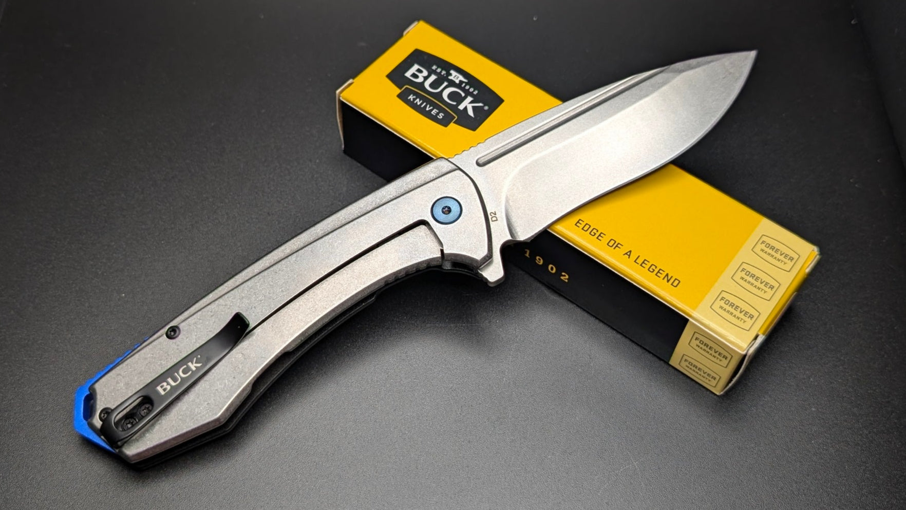 Buck 713 Ruckus Black and Blue aluminum handle and Satin Blade