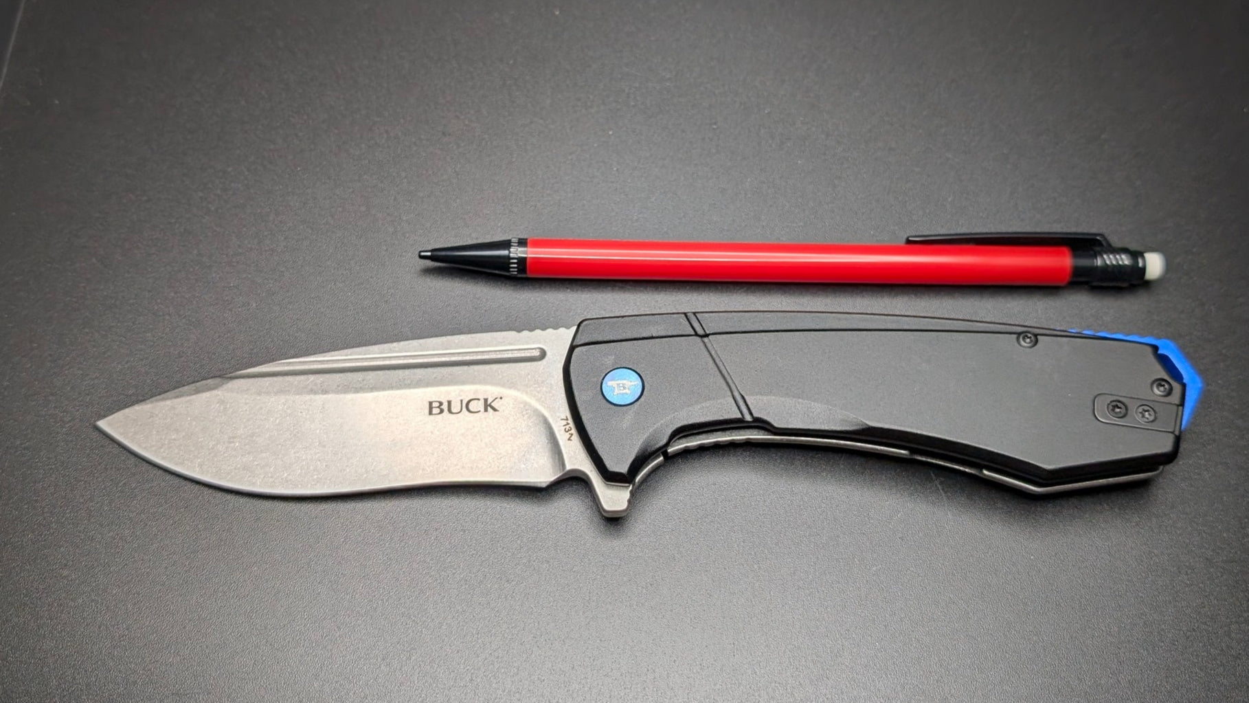 Buck 713 Ruckus Black and Blue aluminum handle and Satin Blade