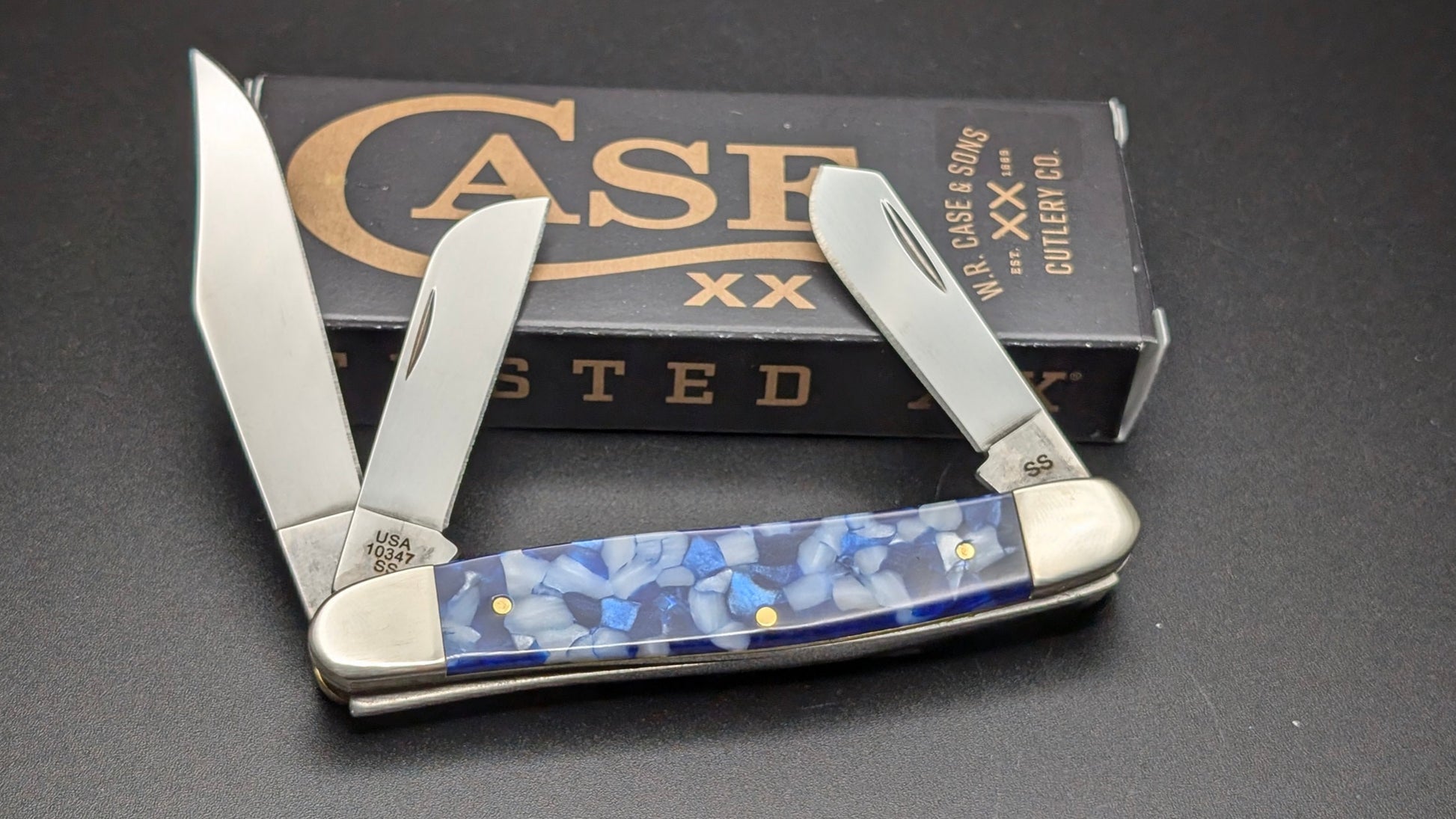 Case Blue Crackle Kirinite Smooth Stockman Model #50722 Pattern (10347 SS) Open Back with Box